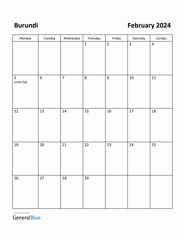 February 2024 Calendar with Burundi Holidays