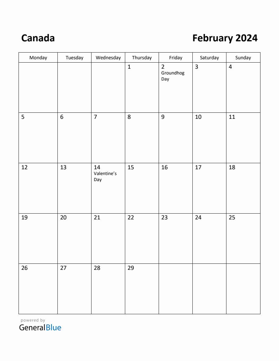 Free Printable February 2024 Calendar for Canada