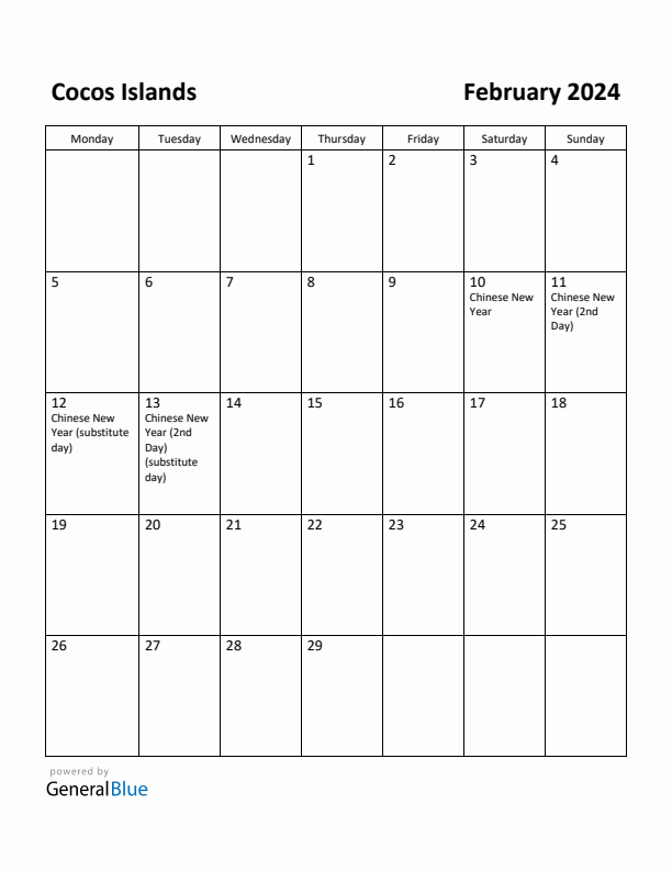 February 2024 Calendar with Cocos Islands Holidays
