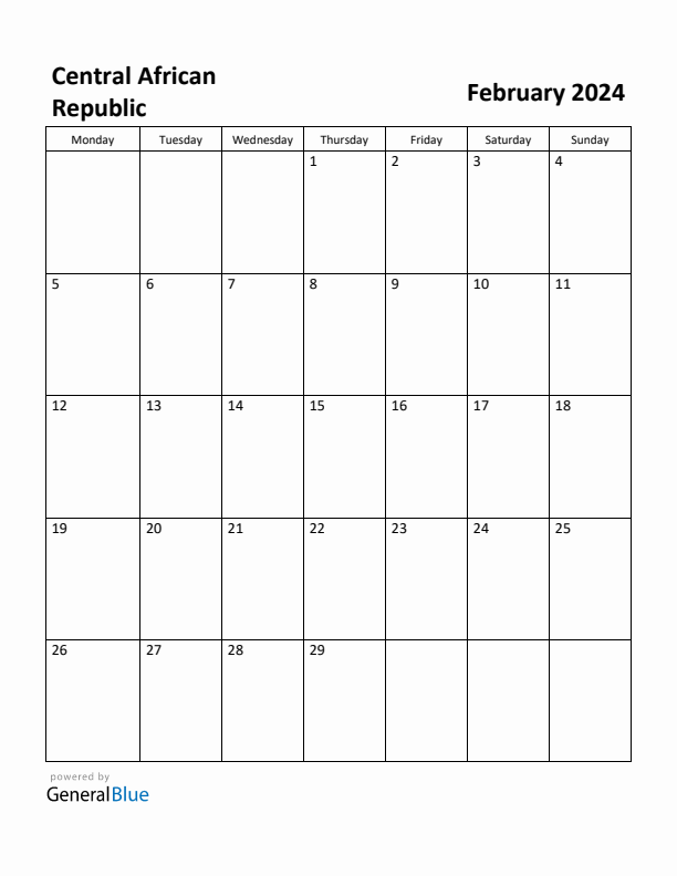 February 2024 Calendar with Central African Republic Holidays