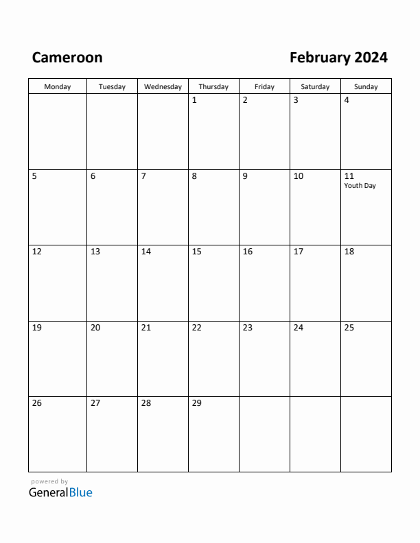 February 2024 Calendar with Cameroon Holidays