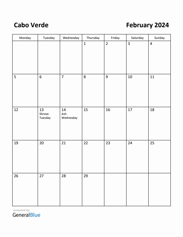 February 2024 Calendar with Cabo Verde Holidays