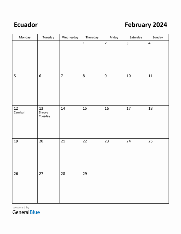 February 2024 Calendar with Ecuador Holidays