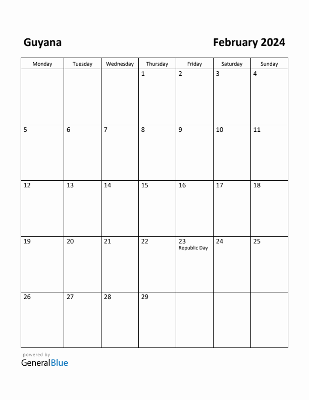 February 2024 Calendar with Guyana Holidays