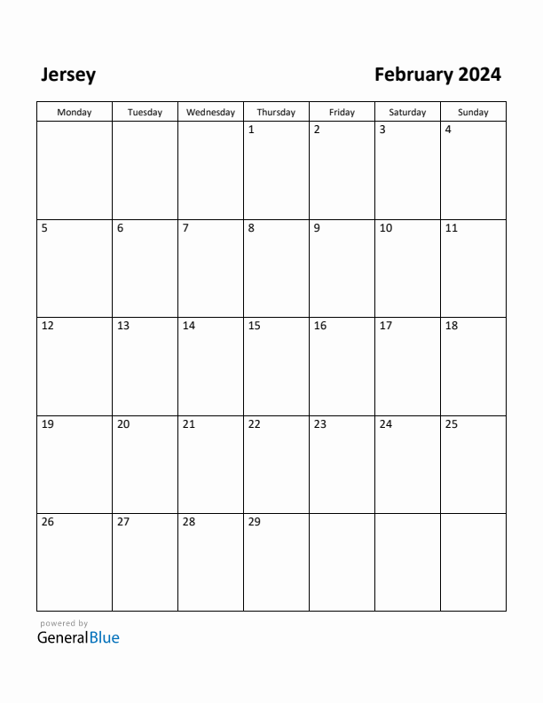 February 2024 Calendar with Jersey Holidays