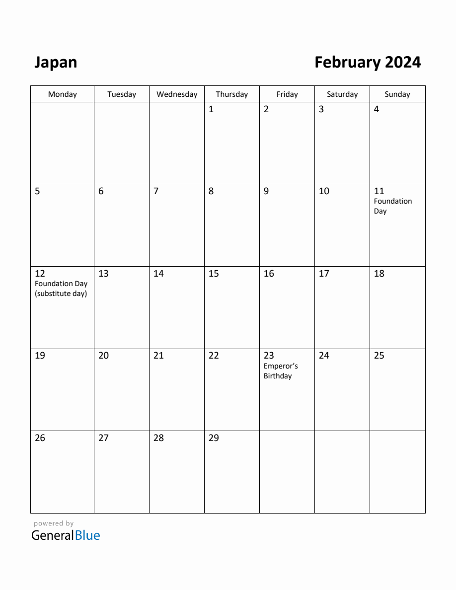 Free Printable February 2024 Calendar for Japan