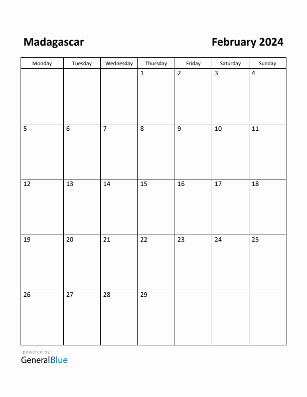 February 2024 Calendar with Madagascar Holidays
