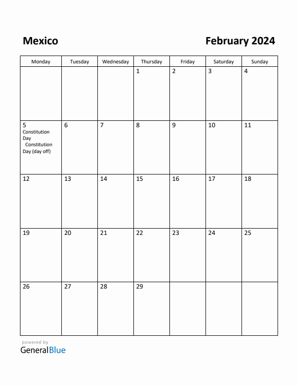 February 2024 Calendar with Mexico Holidays