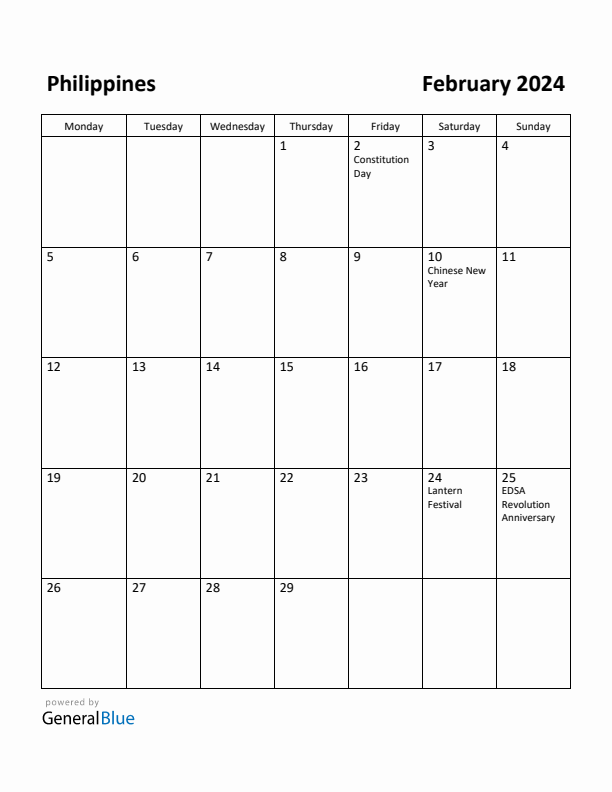 2024 February Calendar With National Holidays Philippines Country