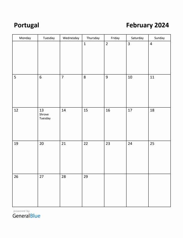 February 2024 Calendar with Portugal Holidays