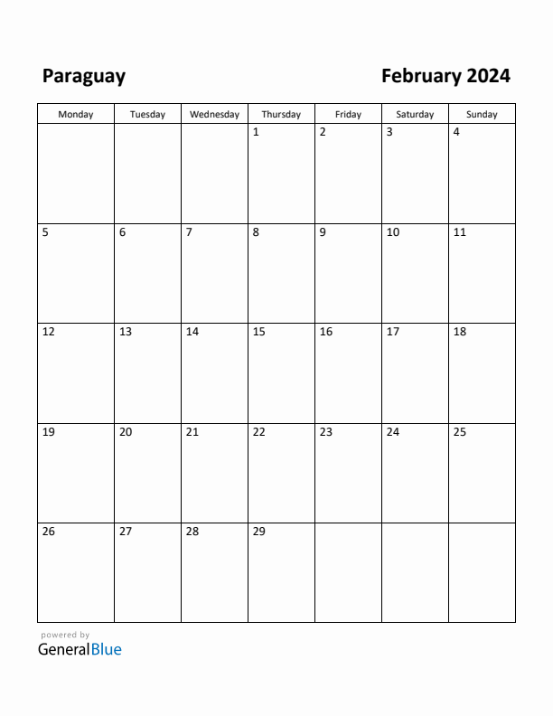 February 2024 Calendar with Paraguay Holidays
