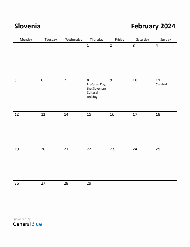 February 2024 Calendar with Slovenia Holidays
