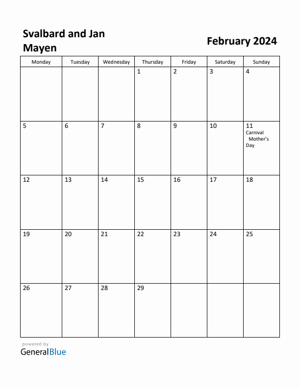 February 2024 Calendar with Svalbard and Jan Mayen Holidays