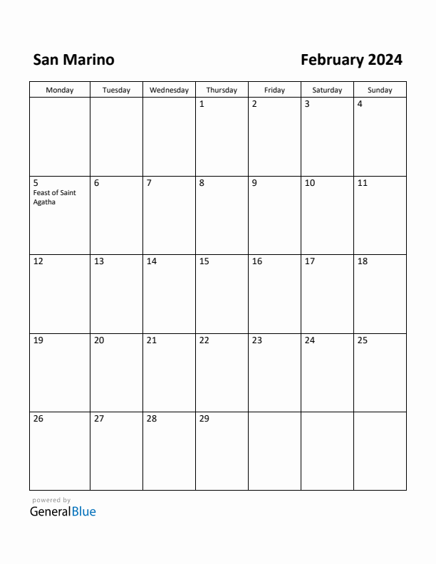 February 2024 Calendar with San Marino Holidays