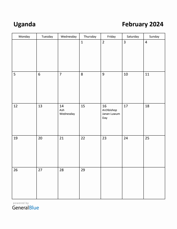 February 2024 Calendar with Uganda Holidays