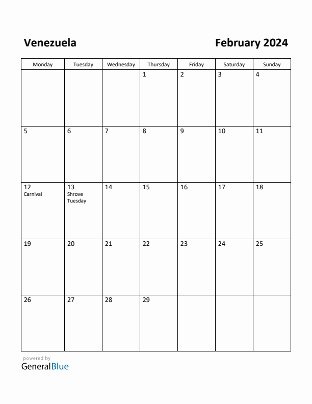 February 2024 Calendar with Venezuela Holidays