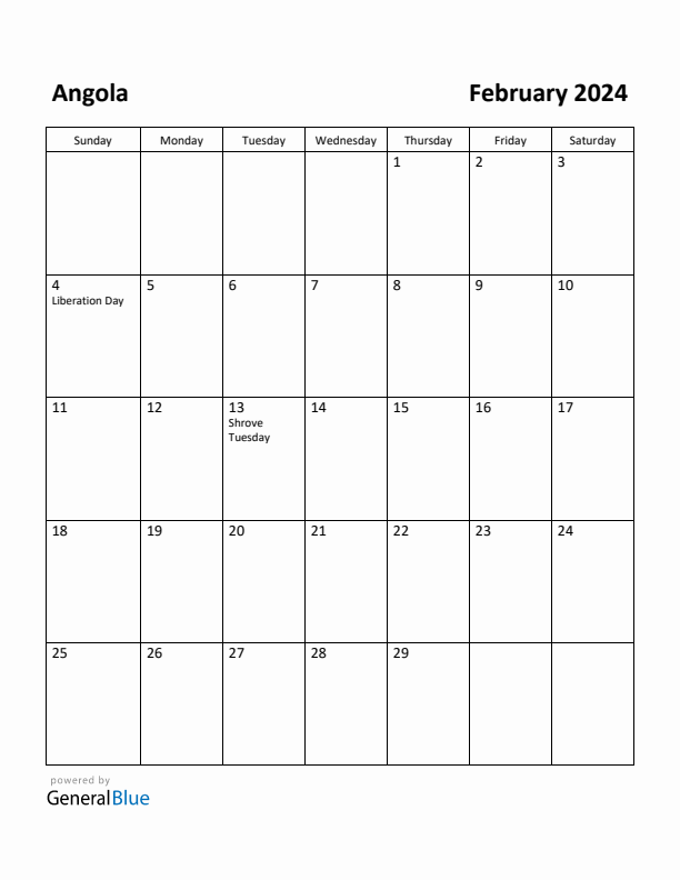February 2024 Calendar with Angola Holidays