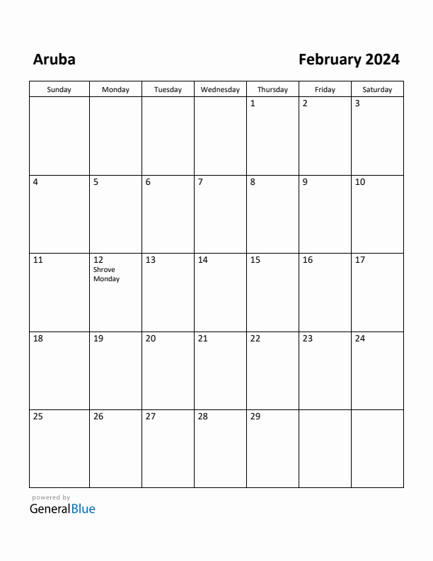 February 2024 Calendar with Aruba Holidays