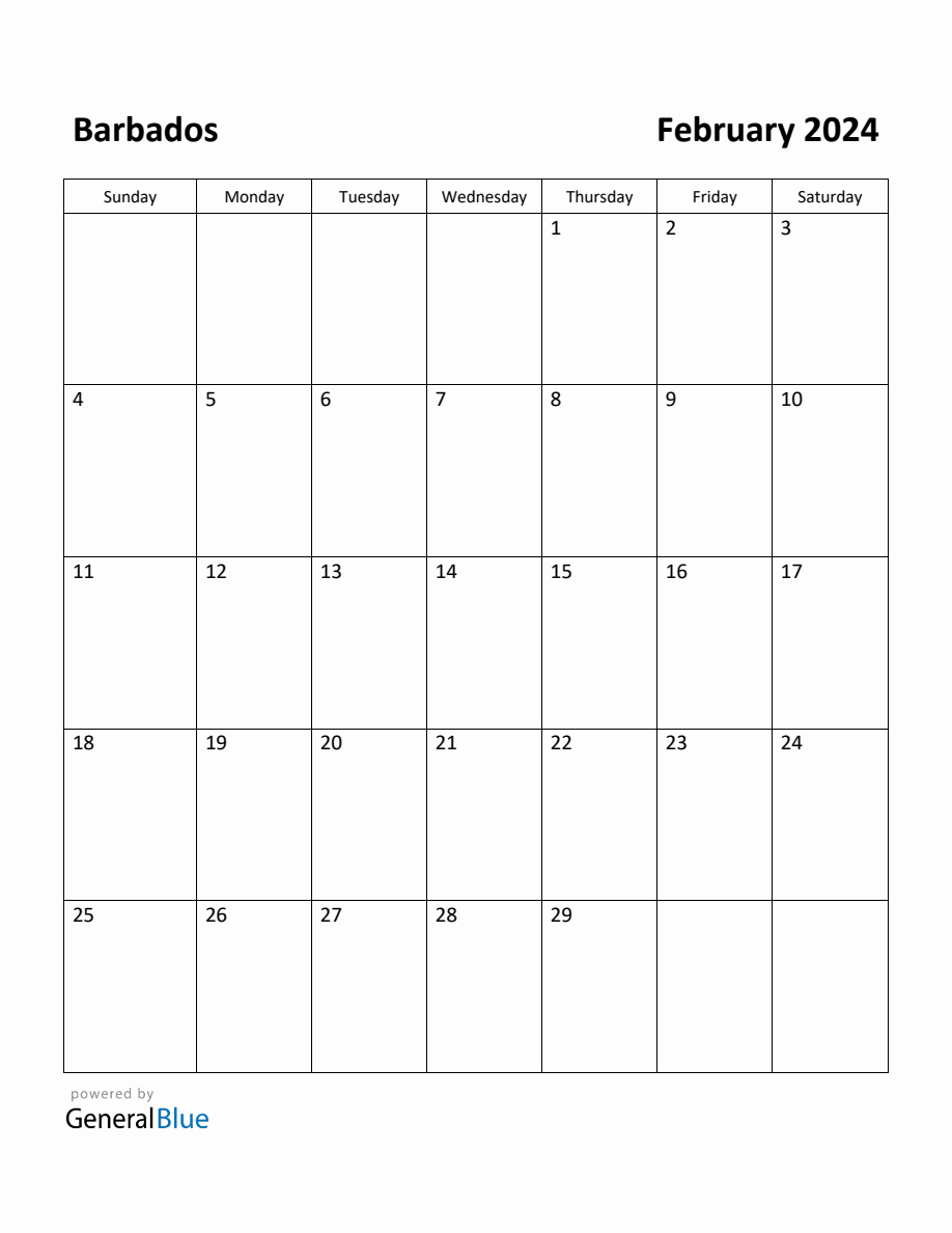 Free Printable February 2024 Calendar for Barbados