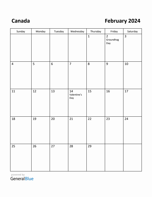 February 2024 Monthly Calendar with Canada Holidays