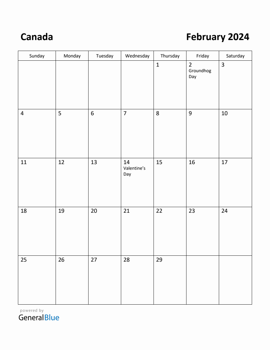 Free Printable February 2024 Calendar for Canada