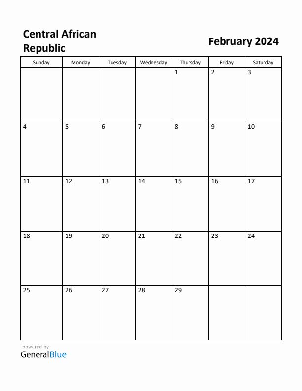 February 2024 Calendar with Central African Republic Holidays