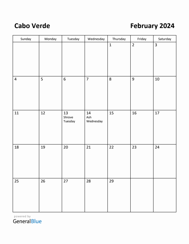 February 2024 Calendar with Cabo Verde Holidays
