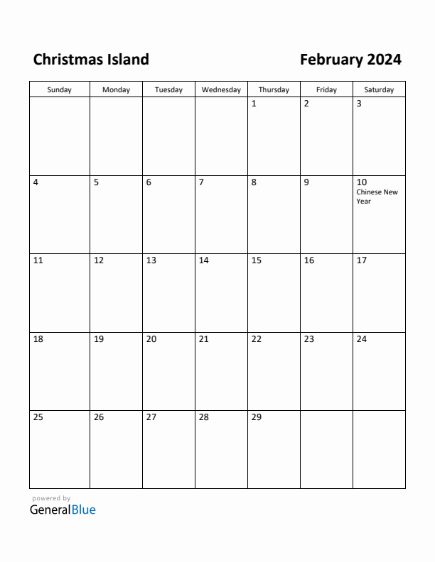 February 2024 Monthly Calendar with Christmas Island Holidays