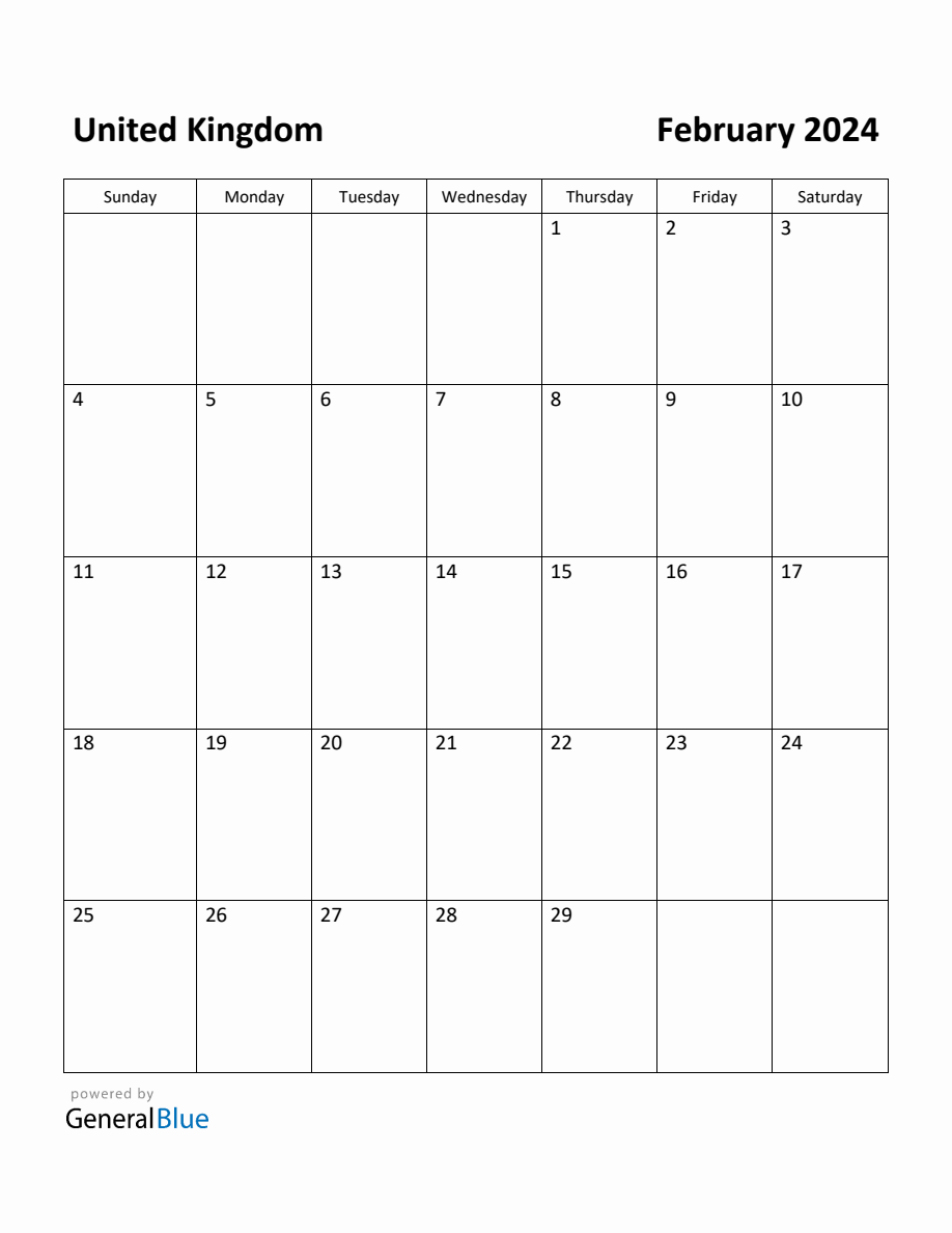 Free Printable February 2024 Calendar for United Kingdom