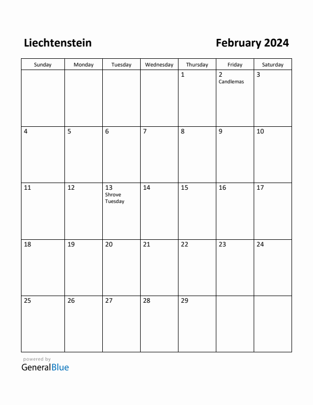 February 2024 Calendar with Liechtenstein Holidays