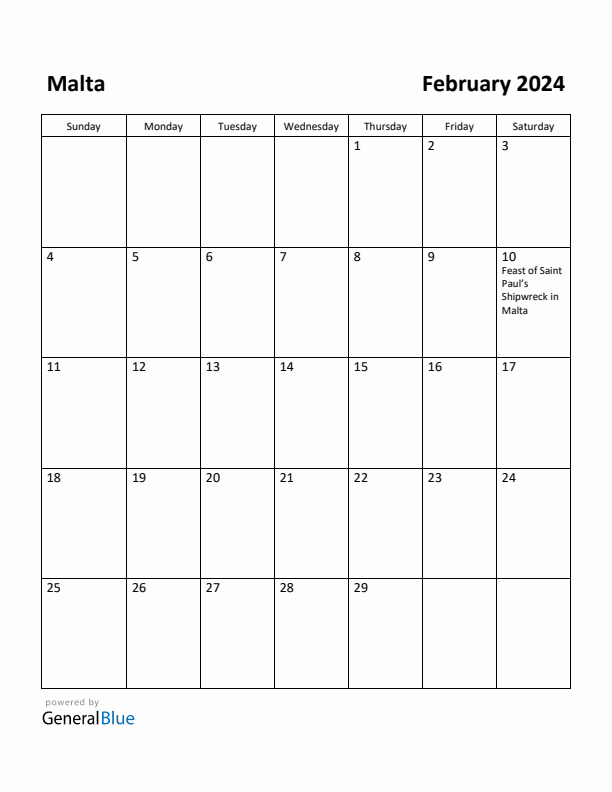 February 2024 Calendar with Malta Holidays