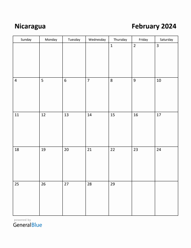 February 2024 Calendar with Nicaragua Holidays