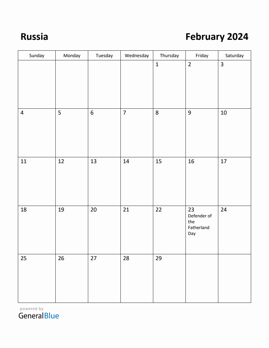 Free Printable February 2024 Calendar for Russia