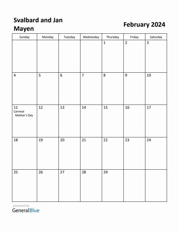 February 2024 Calendar with Svalbard and Jan Mayen Holidays