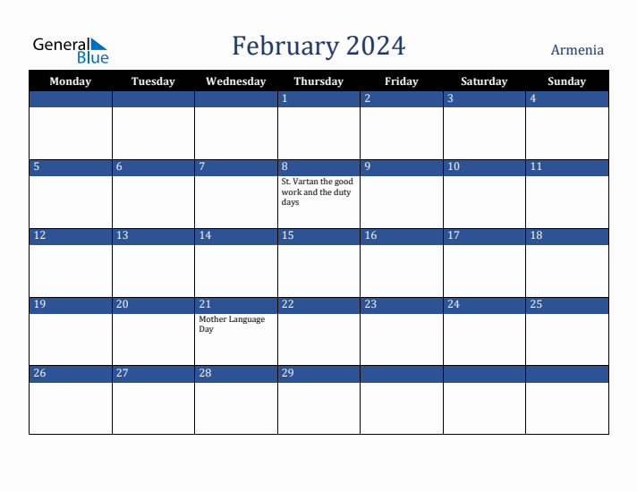 February 2024 Armenia Calendar (Monday Start)