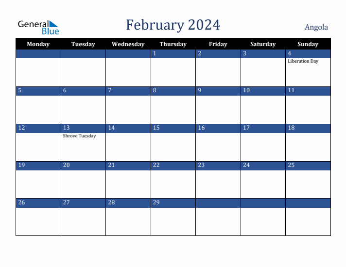 February 2024 Angola Calendar (Monday Start)