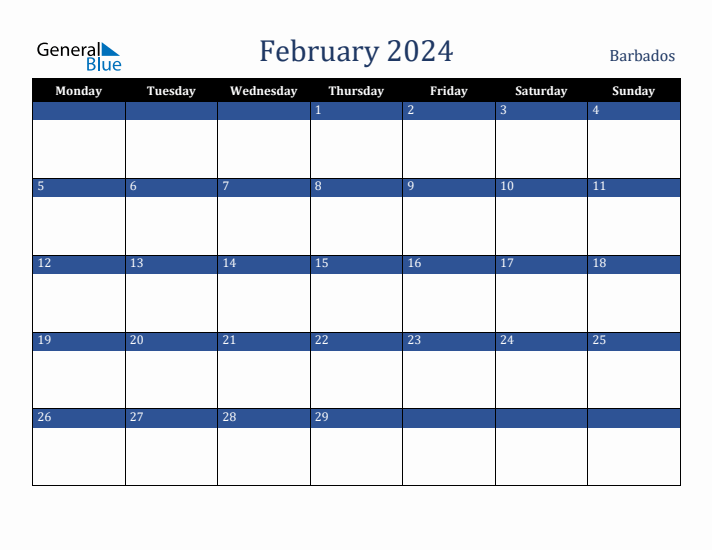 February 2024 Barbados Calendar (Monday Start)