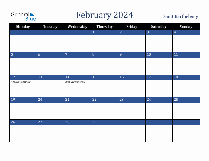 February 2024 Saint Barthelemy Calendar (Monday Start)