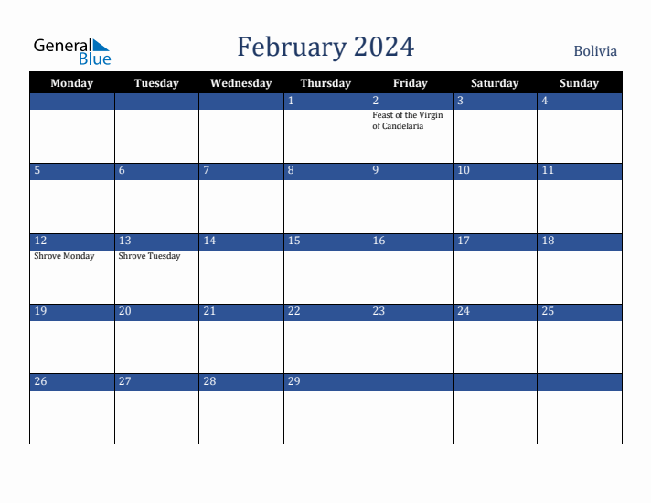 February 2024 Bolivia Calendar (Monday Start)