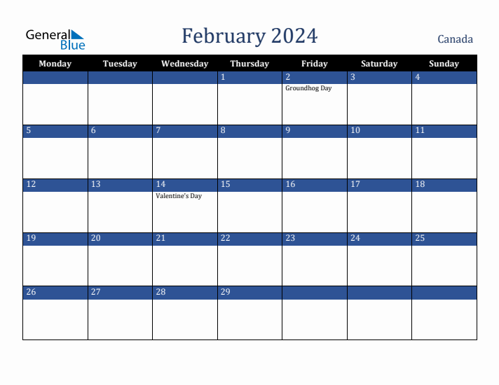 February 2024 Canada Calendar (Monday Start)
