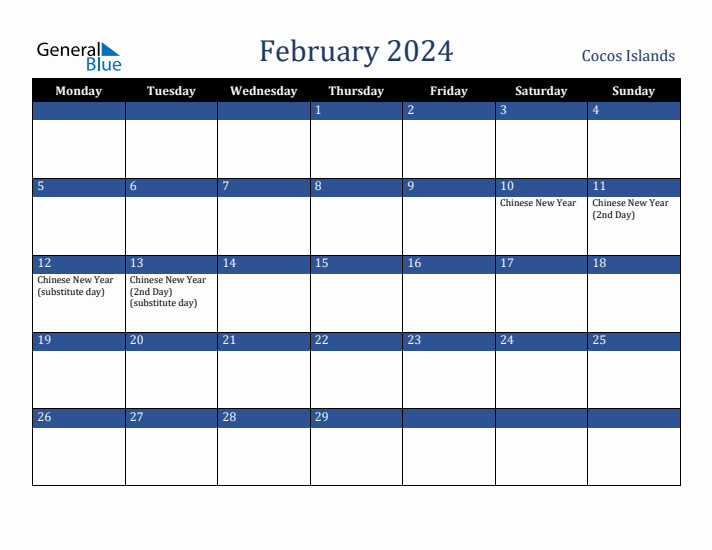 February 2024 Cocos Islands Calendar (Monday Start)