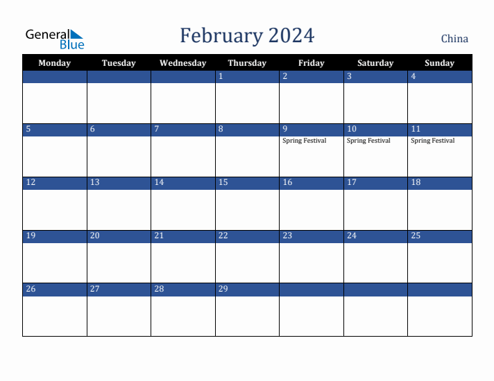 February 2024 China Calendar (Monday Start)