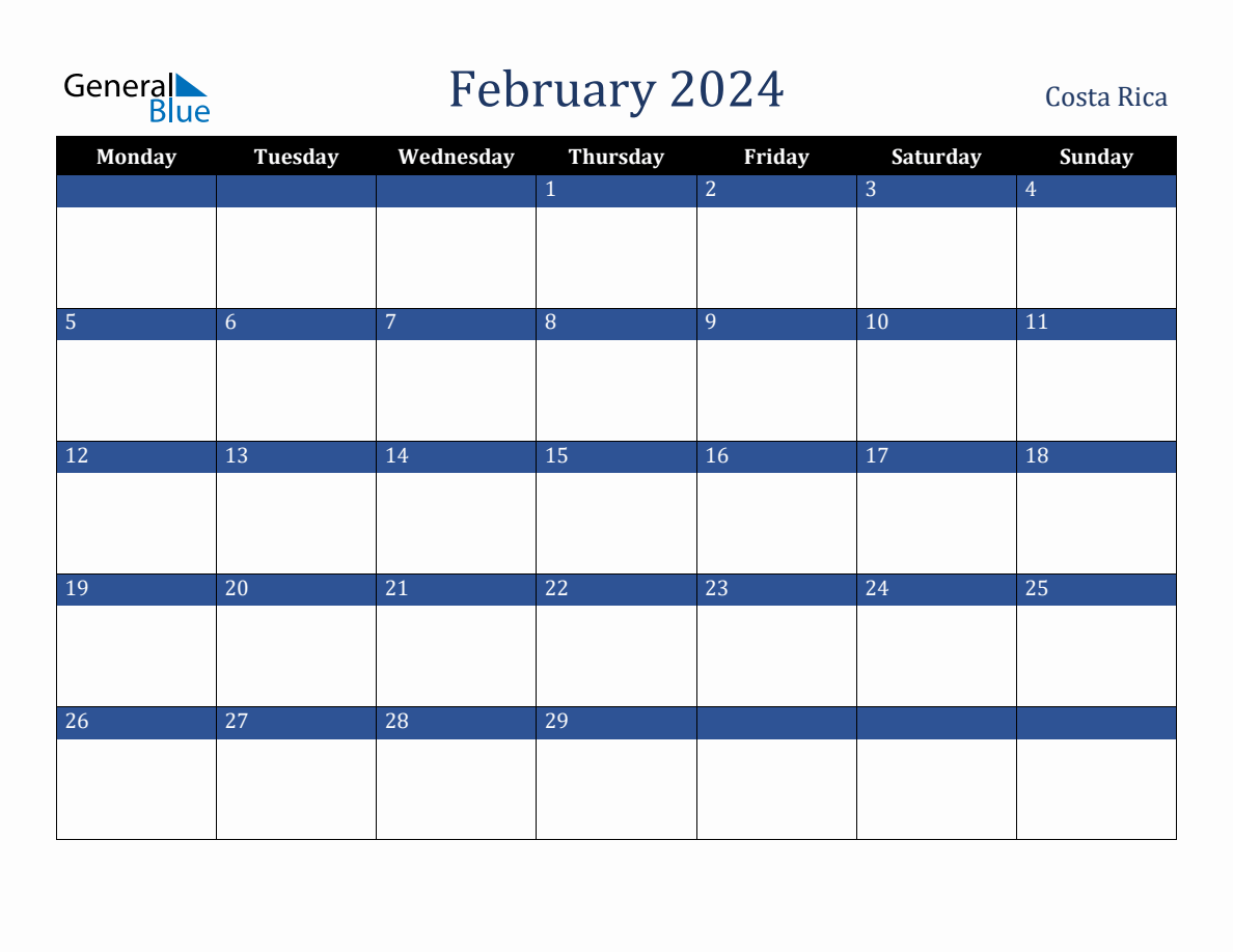 February 2024 Costa Rica Holiday Calendar