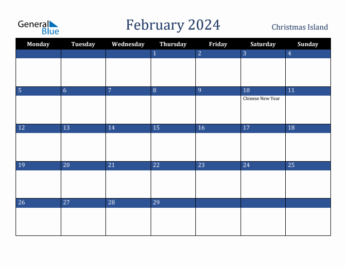 February 2024 Christmas Island Calendar (Monday Start)