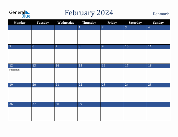 February 2024 Denmark Calendar (Monday Start)