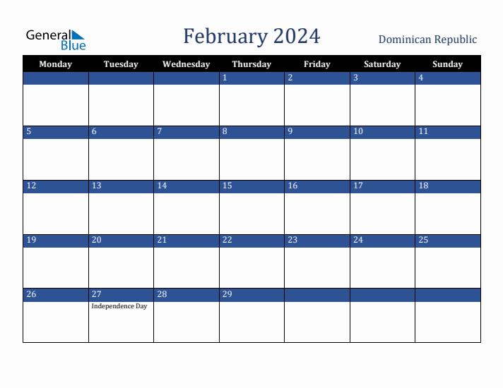 February 2024 Dominican Republic Calendar (Monday Start)