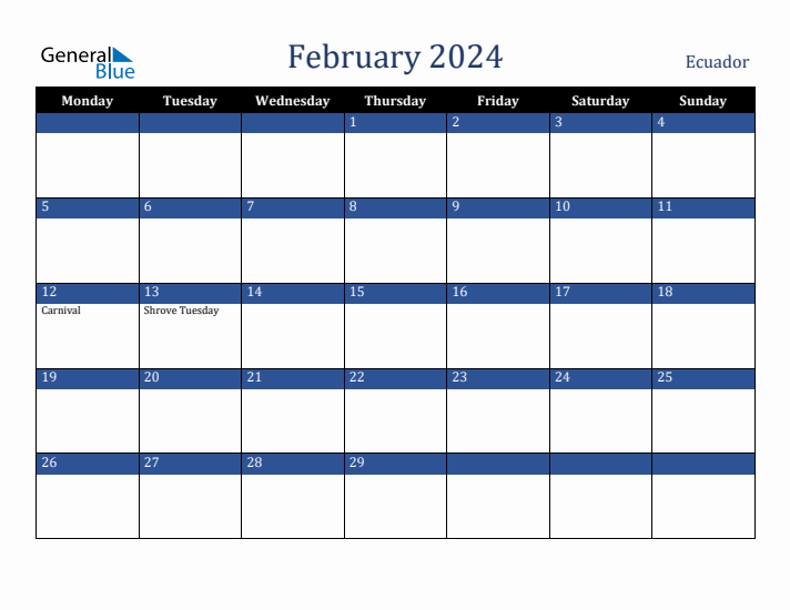 February 2024 Ecuador Calendar (Monday Start)