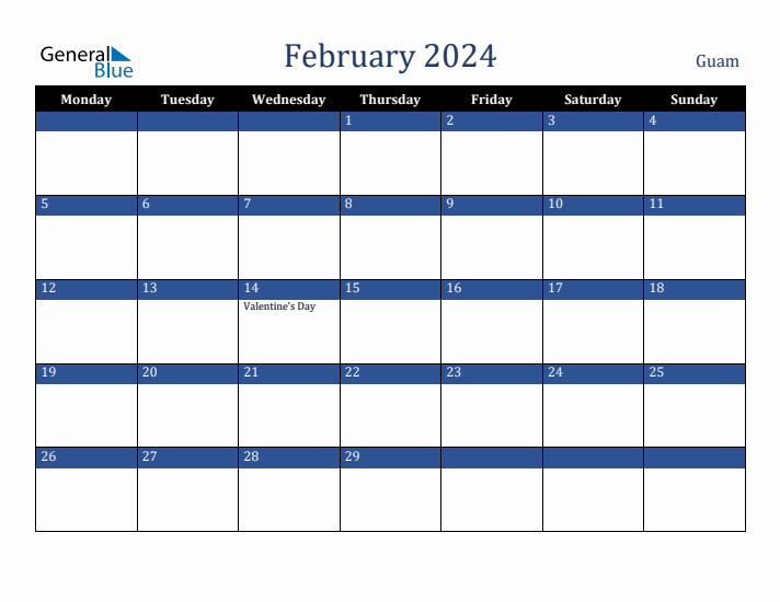 February 2024 Guam Calendar (Monday Start)