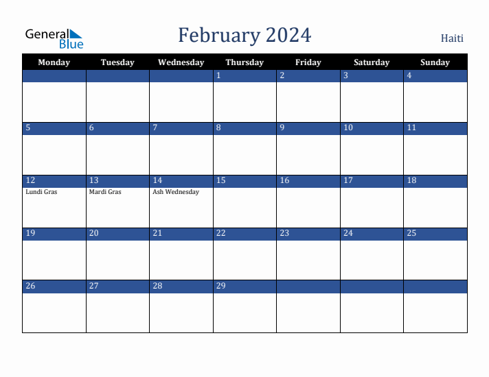 February 2024 Haiti Calendar (Monday Start)