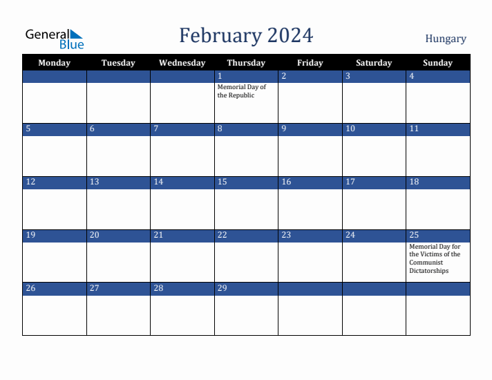 February 2024 Hungary Calendar (Monday Start)